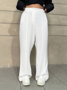 SHEIN EZwear Plus Size Women Solid Color Toothpick Stripe Design Straight Leg Loose Casual Pants