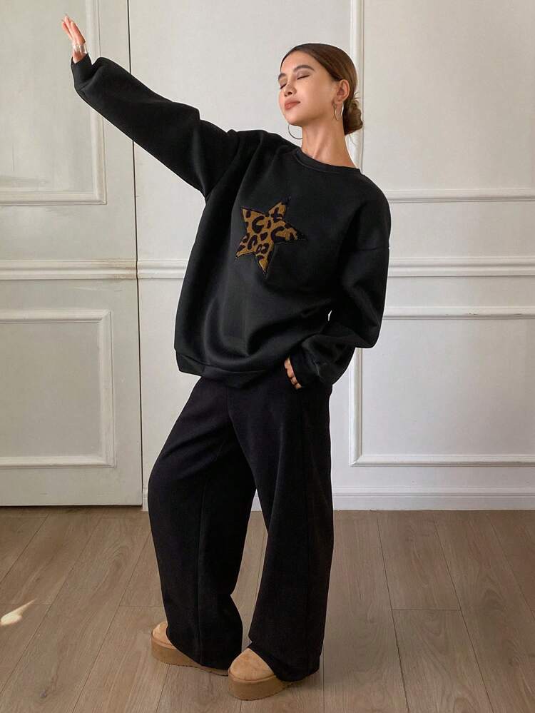 Women's Oversized Leopard Print & Star Splice Fleece Pullover Sweatshirt Y2k Cheetah Print