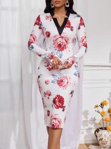 SHEIN Lady Floral Print V Neck Fitted Dress, Elegance For Autumn/Winter - Multicolor - View 4