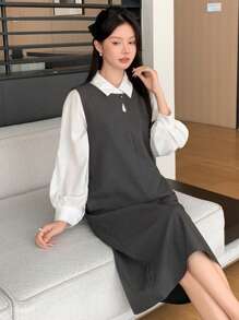 DAZY Women's Sleeveless Midi Dress, Autumn/Winter Shirt Dress - Grey - View 4