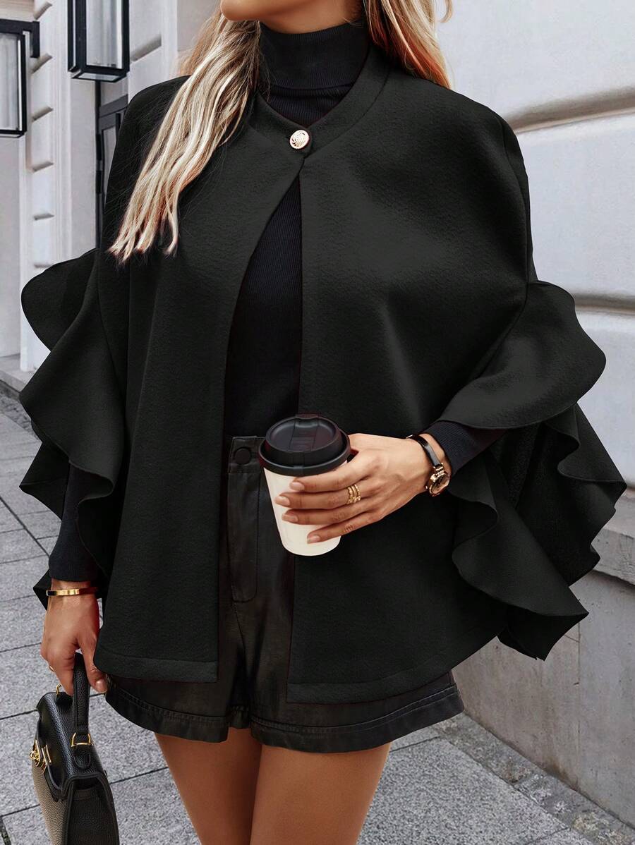 EMERY ROSE معطف أنيق بقصة مطوية وغلق بزرار واحد للنساء، لون سادة، مناسب للخريف والشتاء - الأسود - مشاهدة 1