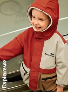 SHEIN Parka avec poches blocs de couleurs et patchwork, doublée thermique, pour jeune fille, pour l'hiver