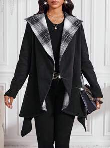SHEIN Lady Cappotto donna per autunno/inverno, con design a quadri, in patchwork di lana, con ampio colletto, con cintura, cappotto da donna colore nero per la stagione autunnale e invernale - nero - Visualizzare 4