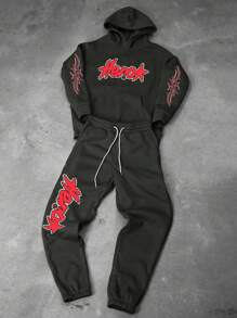 Aesthetic Post 男士休闲字母印花宽松抽绳连帽衫和运动裤套装，秋季 - 灰色 - 查看 8