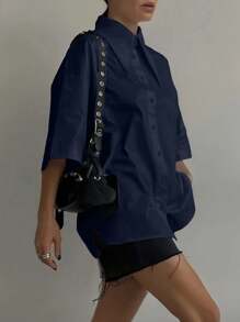 QIANZHIDU 2024春夏秋季纯女式时尚衬衫，优雅半袖纽扣衬衫，办公室精美女式上衣，夏季女装，春季女装，夏季上衣，情人节和新年服装 - 藏蓝色 - 查看 6