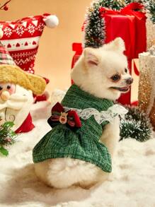 PETSIN 1 pièce Robe de chien décorative avec nœud de cerf, patchwork à carreaux verts de Noël et dentelle pour animaux de compagnie
