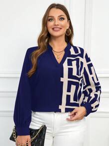SHEIN Clasi Plus Size Casual Greek Fret Print Keyhole Neck Lantern Sleeve Blouse, Suitable For Spring & Autumn - Navy Blue - View 4