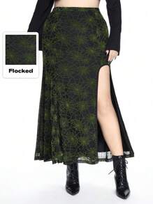 ROMWE Goth 加大码性感高开叉哥特式蜘蛛网植绒 A 字裙 - 黑色 - 查看 1