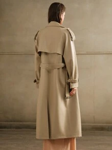 Anewsta Áo khoác dài thanh lịch hai hàng khuy màu kaki cho nữ, mùa xuân và mùa thu - Màu Khaki - Xem 2