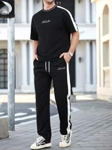 Manfinity CasualCool 2pcs Men Summer Sports Casual Contrast Color Letter Print Short Sleeve T-Shirt And Pants Set - Black and White - View 1