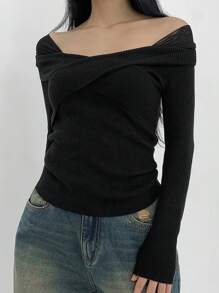 DAZY 1pc Women's Wrap Style Fitted Square Neck Long Sleeve Sweater Fall - Black - View 6