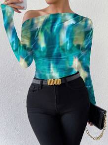 Chiquease 扎染印花不对称肩部褶皱长袖T恤 女士春季上衣 - 綠色 - 查看 5