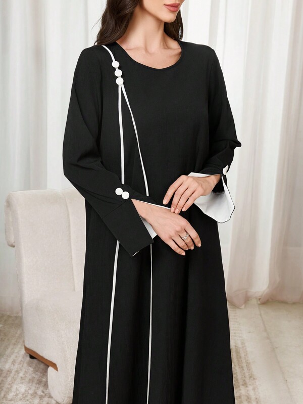 Al Najma Women Elegant Traditional Dress With Color Block Cuff And Drawstring, Casual Modest Long Sleeve Tunic Arabian Dresses, For Casual Daily