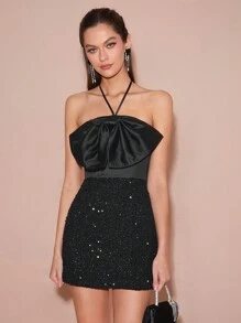 Enchnt Robe courte pour femme de couleur unie avec nœud décoratif, patchwork et sequins - Noir - Voir 7