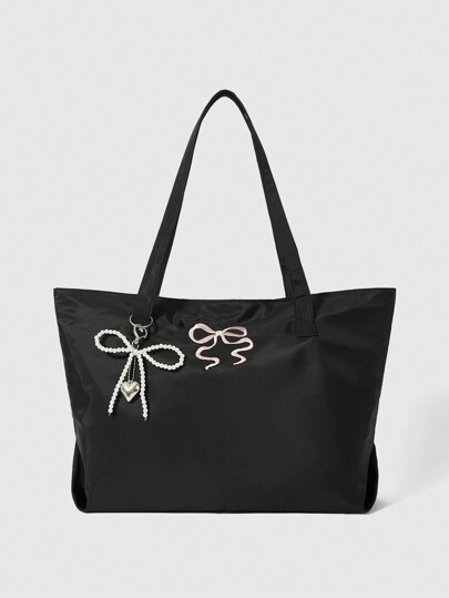 Kawaii Modello: 84225 Borsa a spalla con ricamo a fiocco e grande capacità, borsa shopping versatile e alla moda in tessuto Oxford