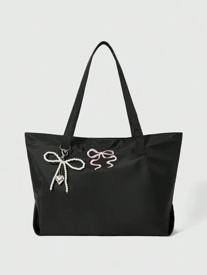 ROMWE Kawaii Pattern: 84225 Bow Embroidery Large Capacity Shoulder Bag, Fashionable Versatile Oxford Cloth Shopping Tote, Tote Bags For Women, College Essentials