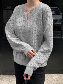 DAZY Women's V-Neck Oversized Long Sleeve Solid Color Casual Sweater For Fall/Winter - Light Grey - View 6