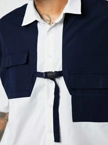 Manfinity VCAY 2 件大码男士套装：彩色拼色前纽扣半袖衬衫和纯色短裤 - 白色 - 查看 2
