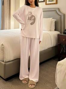 DAZY Cat Print Polka Dot Loose Pajama Set, Fall Winter Clothes