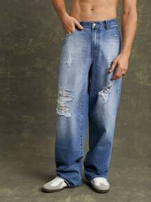 Men Premium 91% Cotton Denim Ripped Straight Leg Jeans