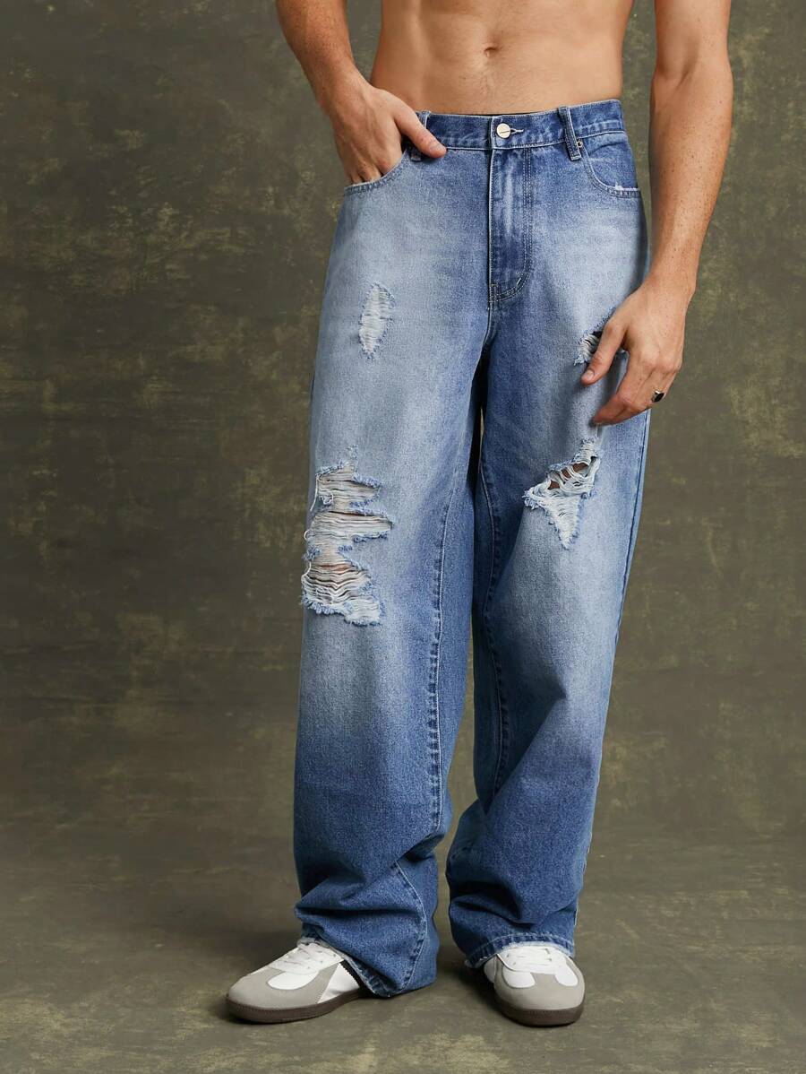 Men Premium 91% Cotton Denim Ripped Straight Leg Jeans