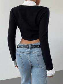 Aloruh Women's Fashionable Casual Black & White Contrast Zip Up Front Crop Knit Sweater, New Arrival For Autumn/Winter - Multicolor - View 3