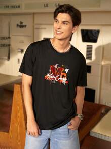 Manfinity Sport Corelite Boyfriend-Stil Herren Halloween Rundhals Kurzarm T-Shirt mit Buchstaben-Muster, lässiger Sportlook