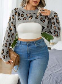 SHEIN Essnce Maglione oversize in maglia a goccia con stampa leopardata, morbido e ampio, super corto, per l'inverno e l'autunno - Grigio - Visualizzare 3