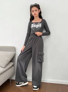 2 piezas Conjunto de top de manga larga con estampado de alas y pantalón cargo de canalé suave y cálido para niñas preadolescentes, otoño