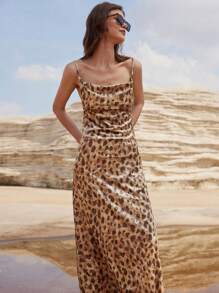 Femmeiva Vintage Sexy Leopard Print Mesh See-Through Spaghetti Strap Bodycon Dress - Camel - View 5