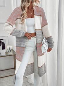 EMERY ROSE Color Block Casual Loose Fit Long Cardigan For Women With Dual Pockets,Long Sleeve Tops Fall Winter Cloth For Women - Pink - View 3