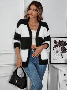 Chiquease Women Two-Tone Striped Pattern Long Sleeve Casual French Style Fluffy Knit Cardigan Fall Cloth For Women - Black - View 6