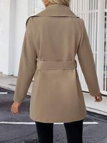 SHEIN LUNE Damen einfarbiger, gegürteter, gewickelter, vordertaschen Lange Ärmel Mantel - Khaki - Übersicht 2