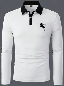 Calvornis Men Colorblock Trim Button Embroidered Casual Long Sleeve Polo Shirt, Golf Shirts For Men, Fall - White - View 6