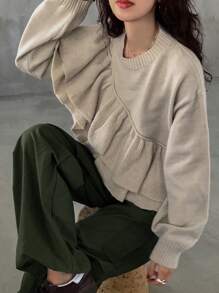 FRIFUL 女士休闲纯色多层荷叶边宽松超大毛衣、长袖上衣、秋装 - 灰色 - 查看 1