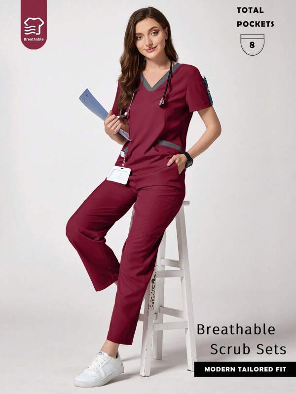 TaskEZ Burgundy Red Contrast Color Short Sleeve Top And Pants Nursing Scrub Uniform Set