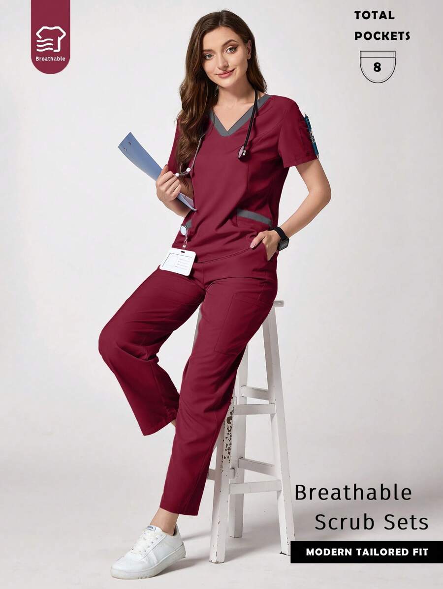 TaskEZ 勃艮第红撞色短袖上衣和裤子护理服套装