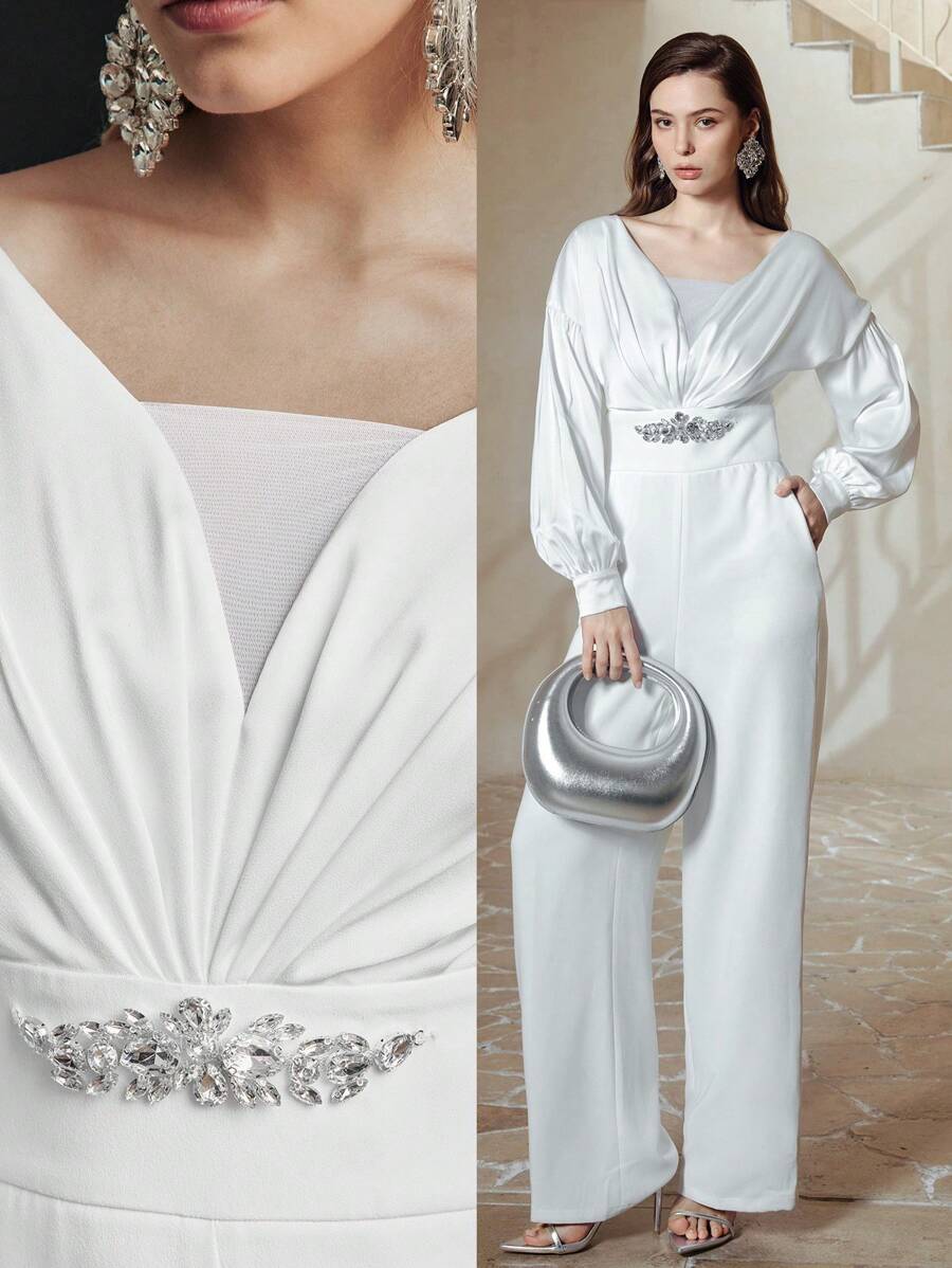 MOTF PREMIUM DROP SHOULDER OVERSIZE RHINESTONE WAIST JUMPSUIT - White - View 2