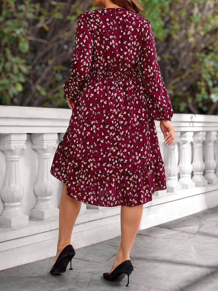 Plus Size Women Burgundy Midi Dress For Autumn,Spring