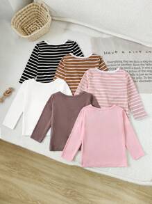 6 件装女婴条纹纯色长袖 T 恤，百搭、舒适、时尚，适合秋季 - 彩色 - 查看 2
