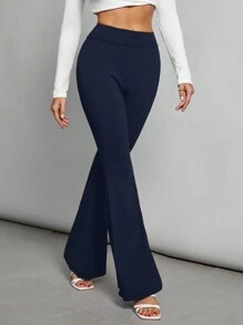 SHEIN Tall Quần ống loe bó cạp cao dệt kim màu đen dành cho nữ - Màu xanh hải quân - Xem 4