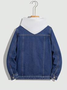 SHEIN 青少年男孩时尚休闲蓝色牛仔布内衬，更加保暖，羊绒翻领内里，舒适保暖，长袖夹克，适合日常穿着和秋冬季儿童服装 - 藍色 - 查看 3