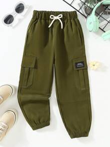 年轻女孩休闲字母和卡通印花绿色工装裤 - 軍綠色 - 查看 4
