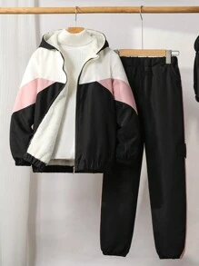 SHEIN Tween Girl Fleece Zippers Contrast Color Patchwork Jacket & Contrast Color Pockets Cargo Pants