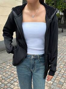 SHEIN EZwear Áo hoodie lót lông cừu có khóa kéo vai mới dành cho nữ - màu đen - Xem 4