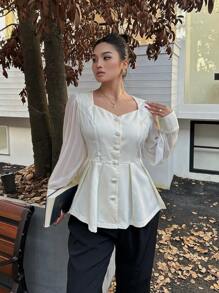 Flirla Plus Size 1pc Women's Casual & Romantic Pleated Sheer Long Sleeve Business Shirt