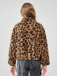 SHEIN 青少年女孩贴花部分拉链口袋豹纹长袖连帽衫，冬季 - 彩色 - 查看 2