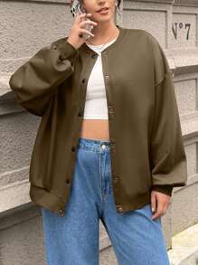 SHEIN EZwear Plus Size Women Plain Dropped Shoulder Long Sleeve Single Breasted Casual Loose Baseball Jacket, Autumn