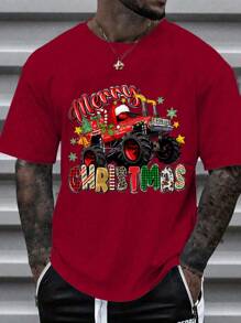 SHEIN Camiseta de manga corta informal para hombre con estampado de leopardo, gorra de Papá Noel y eslogan gráfico de Navidad