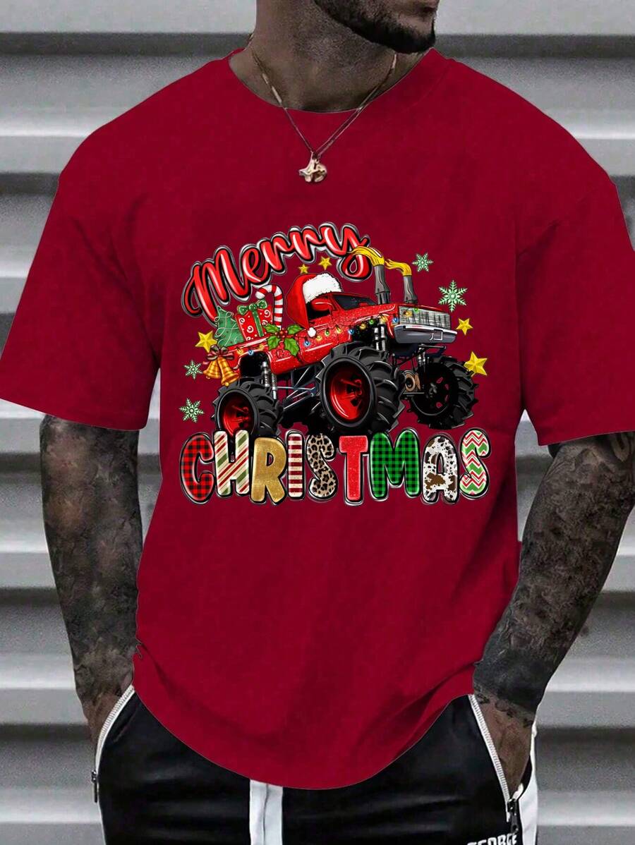 SHEIN Camiseta de manga corta informal para hombre con estampado de leopardo, gorra de Papá Noel y eslogan gráfico de Navidad